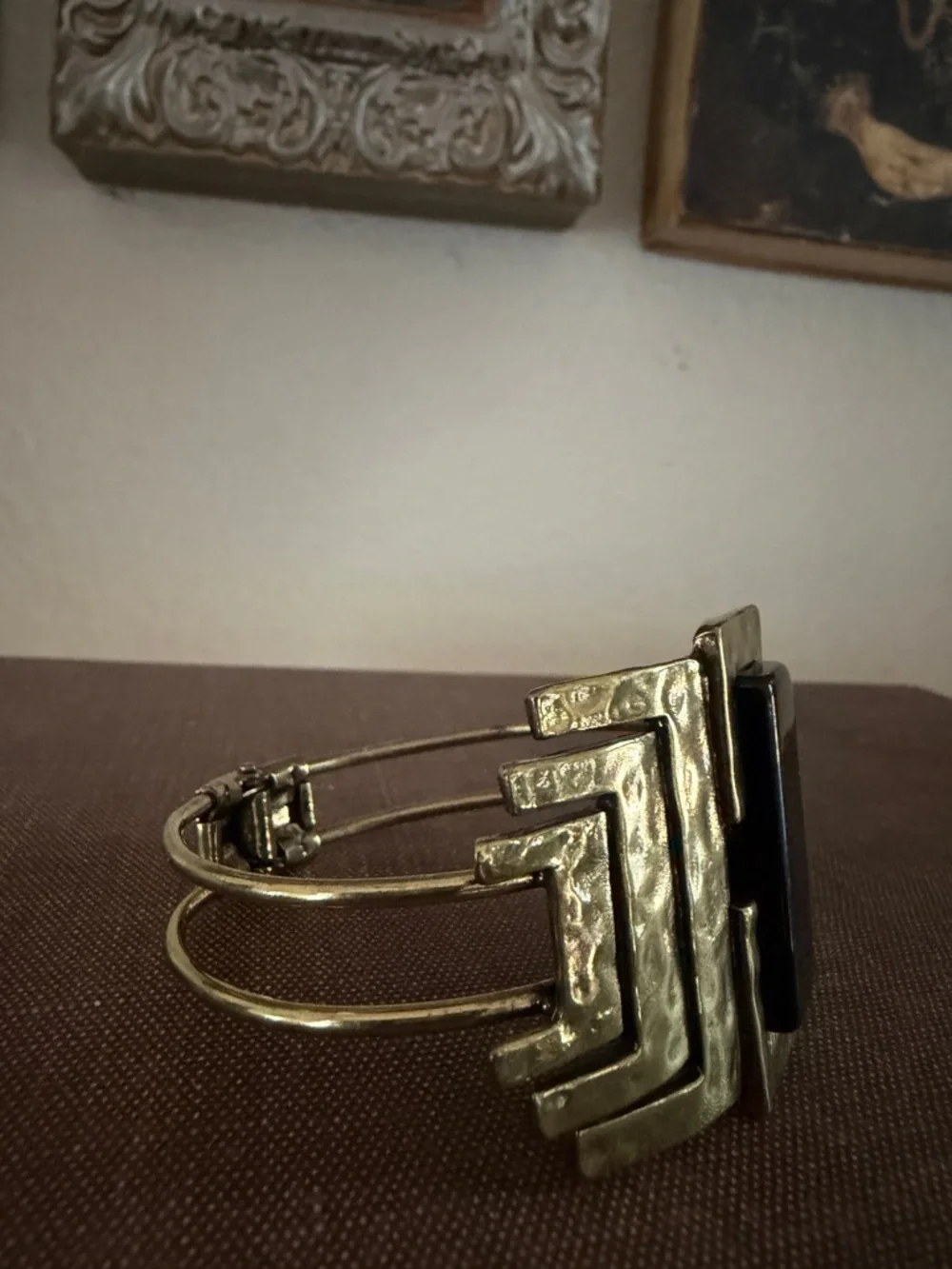 Vintage Modern Geometric‎ Gold-Tone Black Enamel Bracelet